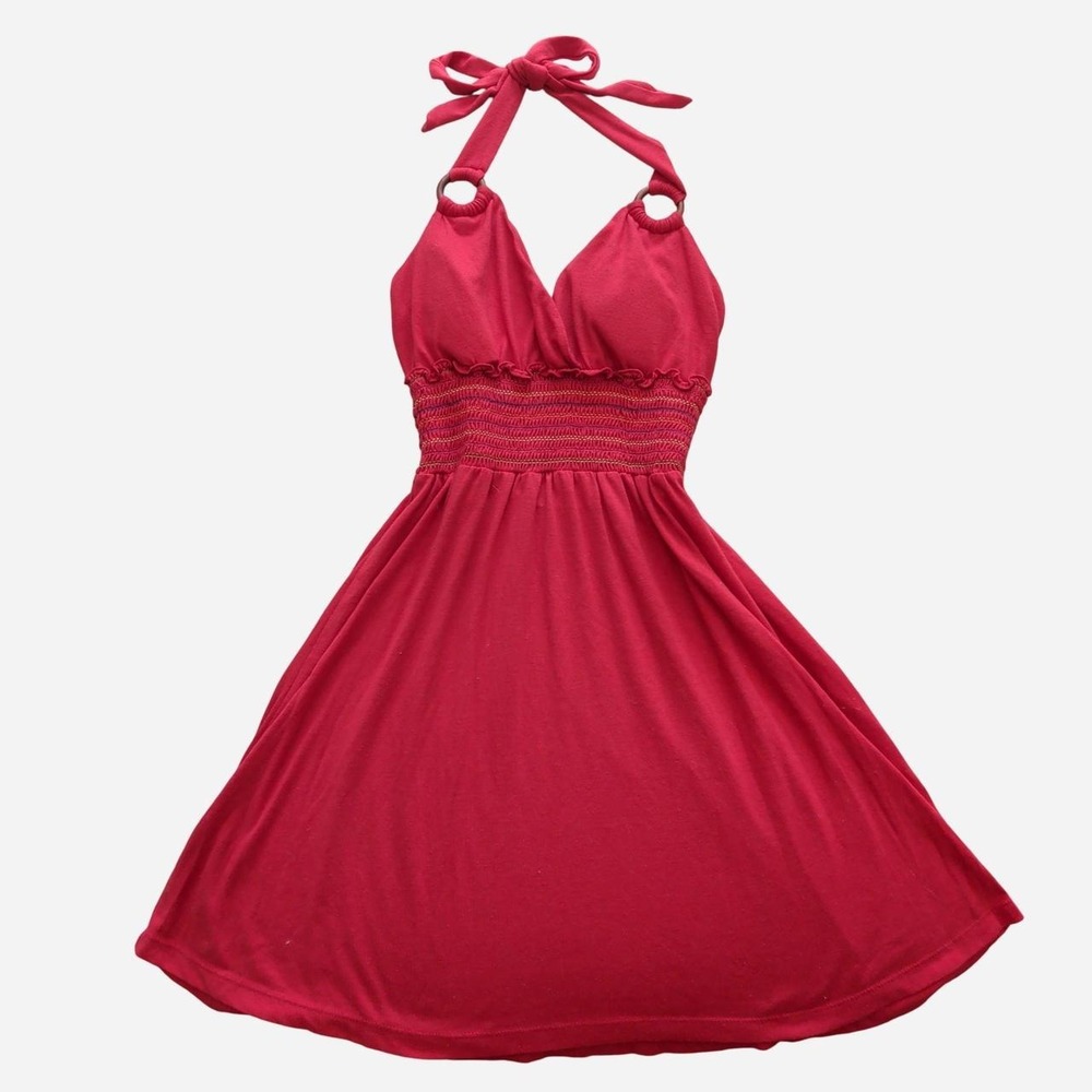 Derek Heart red halter dress with tie straps and ruffle details
